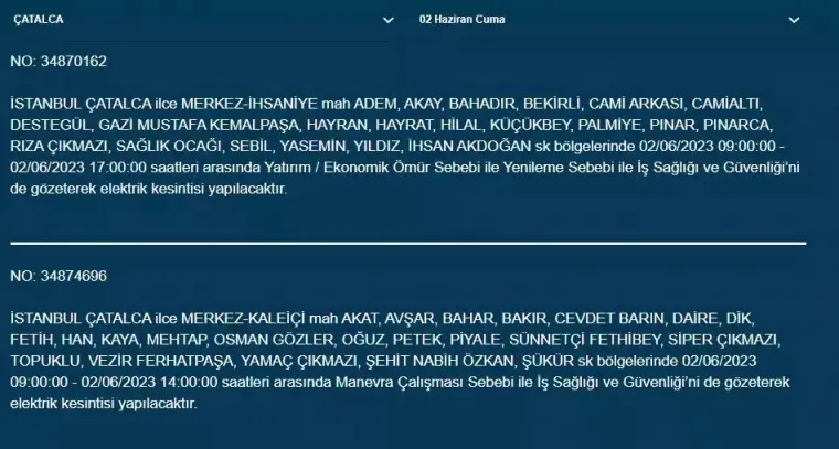 İstanbul'da O İlçelerde Elektrik Kesintisi Var! 02 Haziran 2023 Cuma 14